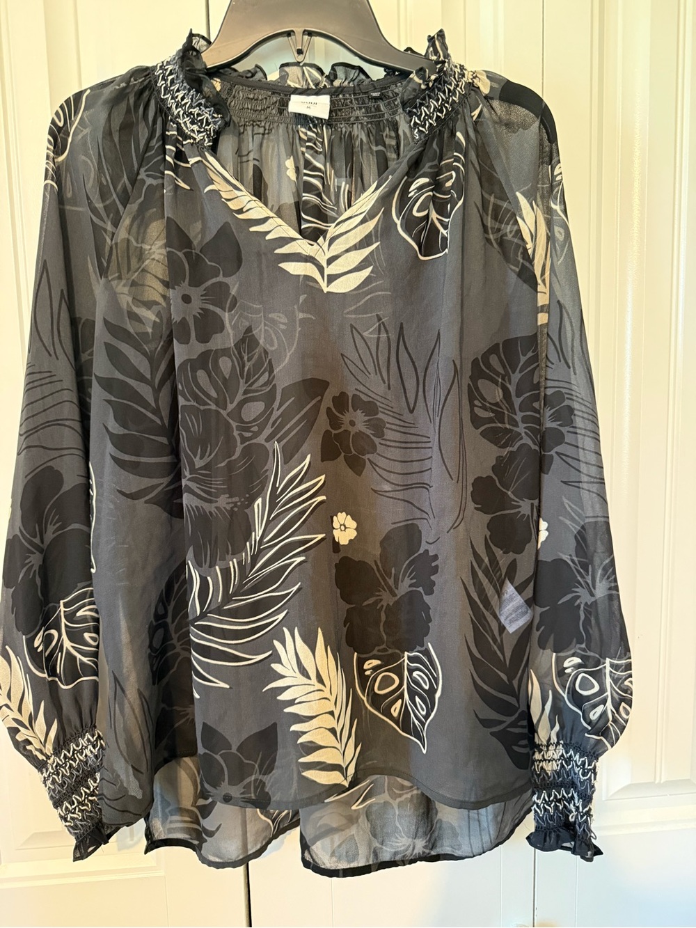 CAbi Black and Cream Floral Smocked-Neck Blouse